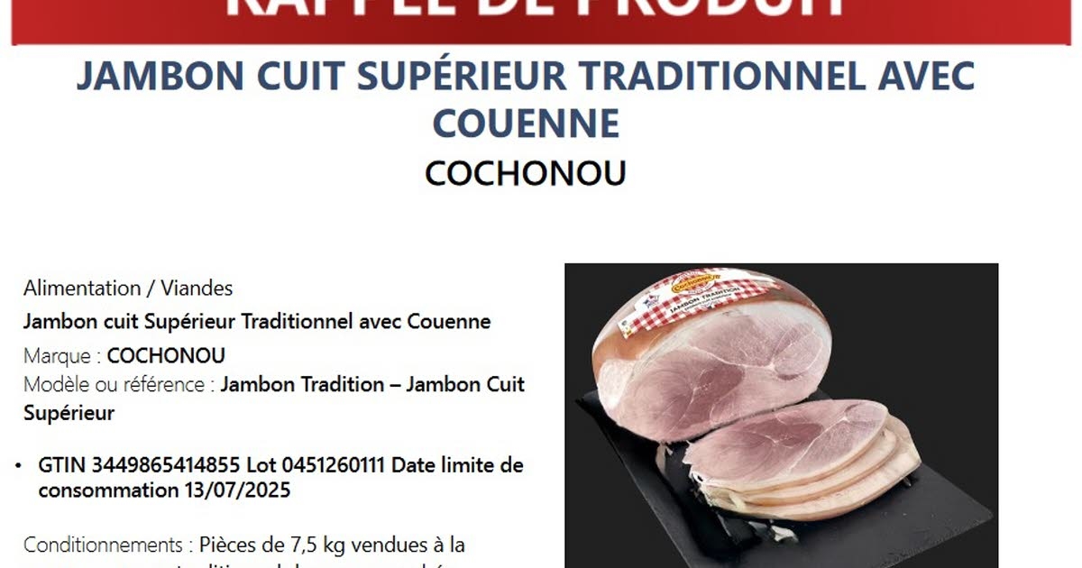 Salud. Listeria: El jamón de Cochonou vendido en Leclerc no es apto para el consumo.